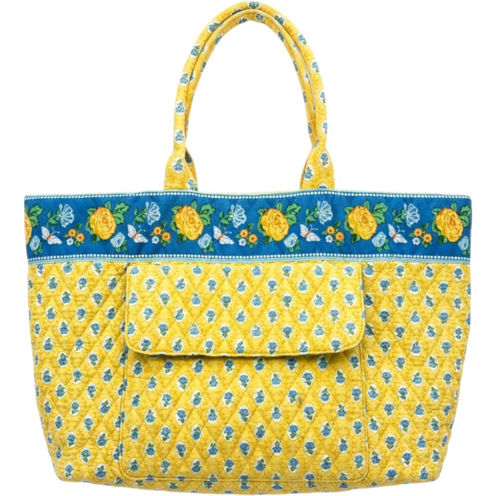 Quilted Floral Tote Bag Yellow Blue Cottagecore Butterfly Travel Shoulder Bag